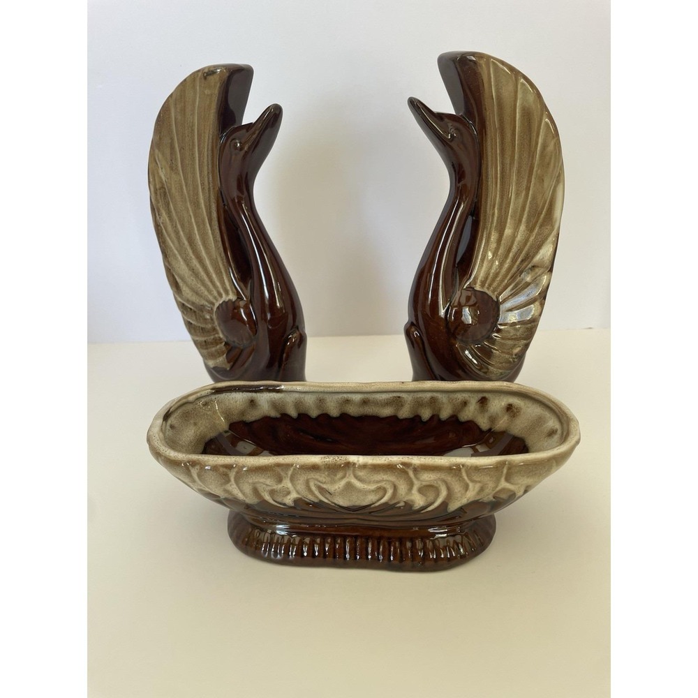 Vintage Swan Planter Set Rockingham Brown‎ Drip Glaze Console Mid Century W Box